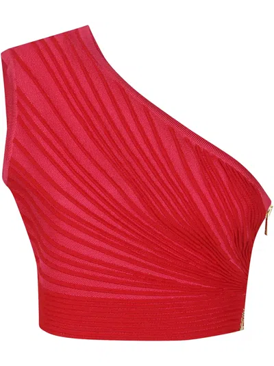 Balmain One-shoulder Ruched Cropped Top In Red