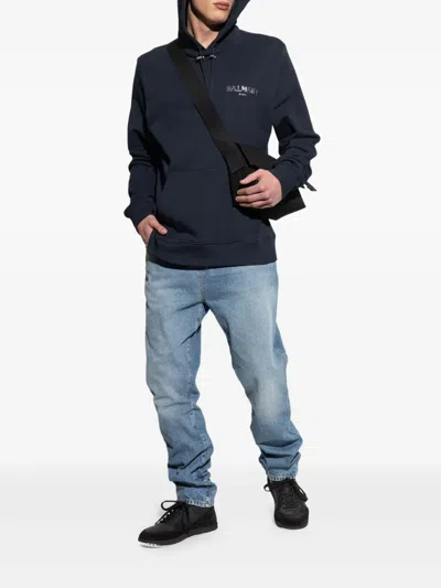 Balmain Logo-graphic Drawstring Hoodie In Blau