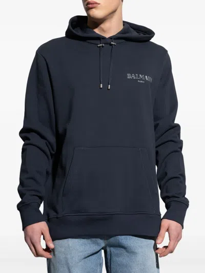 Balmain Logo-graphic Drawstring Hoodie In Blau