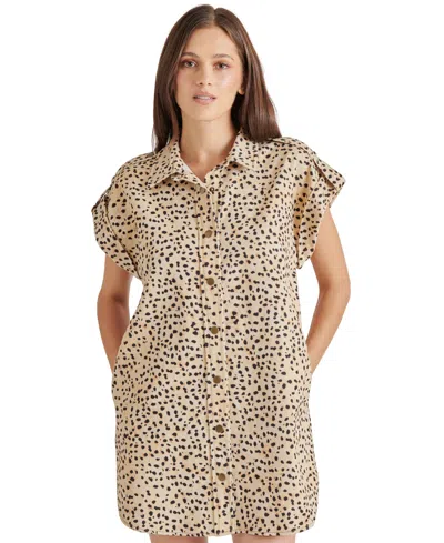 Steve Madden Ilara Leopard Spot Denim Mini Shirtdress In Desert Sand
