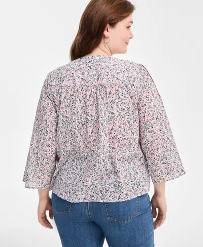 Style & Co Women's Cotton Printed Pintuck Top, Exclusively At Macy's In Disty Bright White