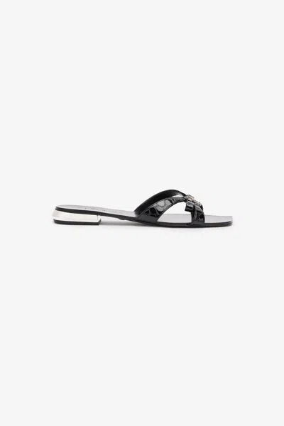 Roberto Cavalli Low Sandals With Mirror Snake Monogram In Black