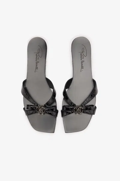 Roberto Cavalli Low Sandals With Mirror Snake Monogram In Black