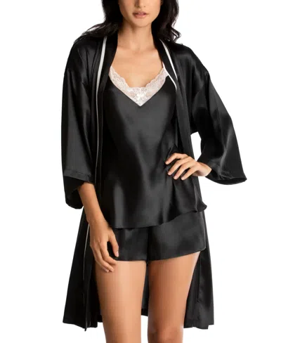 Linea Donatella Bride Satin Wrap Robe, Cami & Tap Shorts Set In Black,ivy