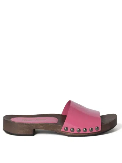 Miu Miu Leather Sandals With Wooden Clog In Multi
