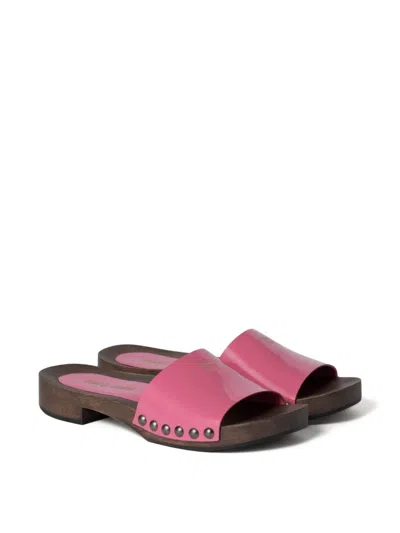 Miu Miu Leather Sandals With Wooden Clog In Multi