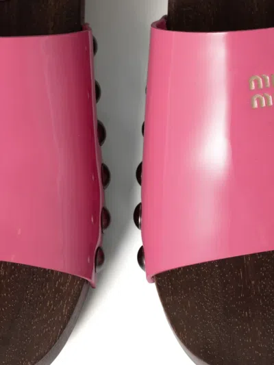 Miu Miu Leather Sandals With Wooden Clog In Multi