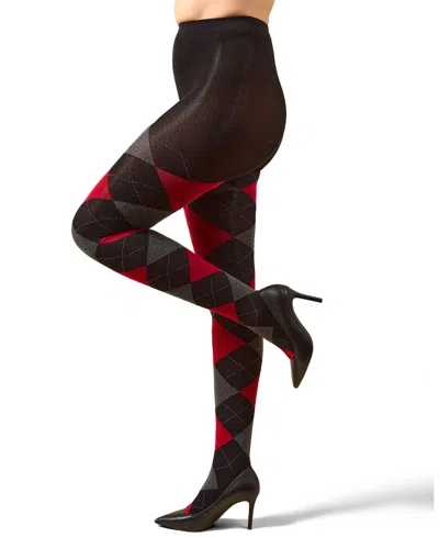 Memoi Women's Textured Argyle Patterned Sweater Tights In Black-red