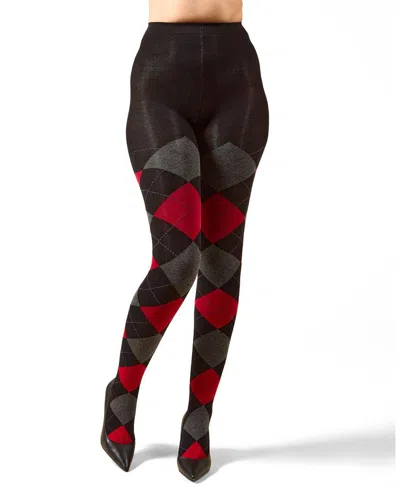 Memoi Women's Textured Argyle Patterned Sweater Tights In Black-red