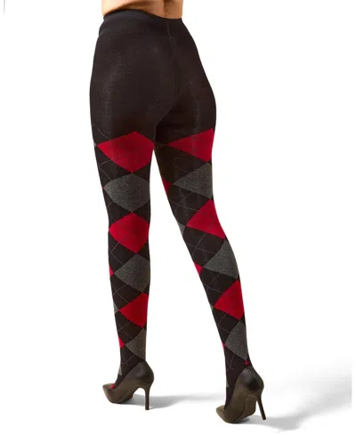 Memoi Women's Textured Argyle Patterned Sweater Tights In Black-red