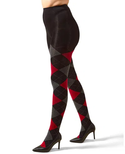 Memoi Women's Textured Argyle Patterned Sweater Tights In Black-red