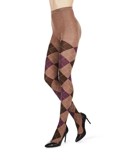 Memoi Women's Textured Argyle Patterned Sweater Tights In Taupe Heather