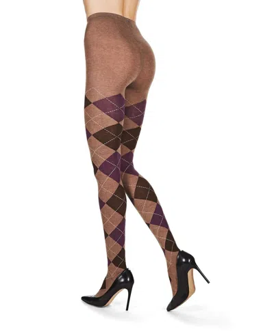 Memoi Women's Textured Argyle Patterned Sweater Tights In Taupe Heather