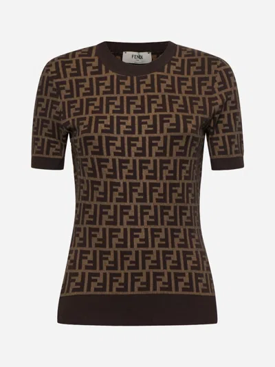 Fendi Cotton Sweater With All-over Ff Motif In Tobacco