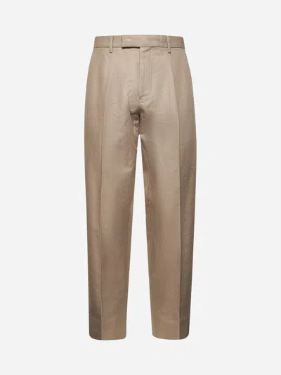 Zegna Men Beige Cotton And Linen One-pleat Trousers