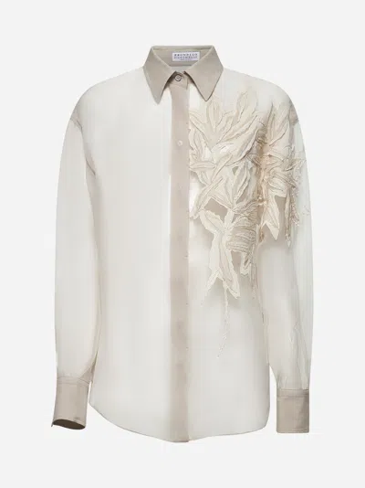 Brunello Cucinelli Sheer Fabric Embroidered Shirt With Pointed Collar