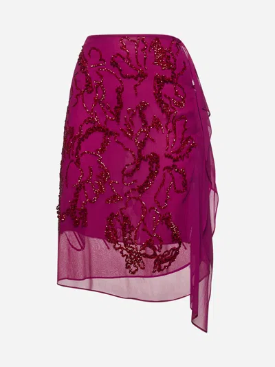 Shop Dries Van Noten Fuchsia Georgette Embroidere Skirt