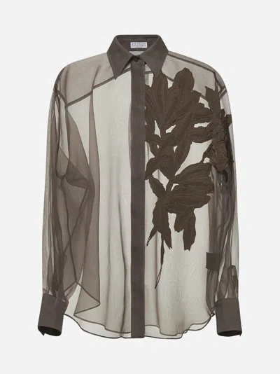 Brunello Cucinelli Brown Shirt With Semi-transparent Design And Embroidery On The Front In Silk Woman In Brown
