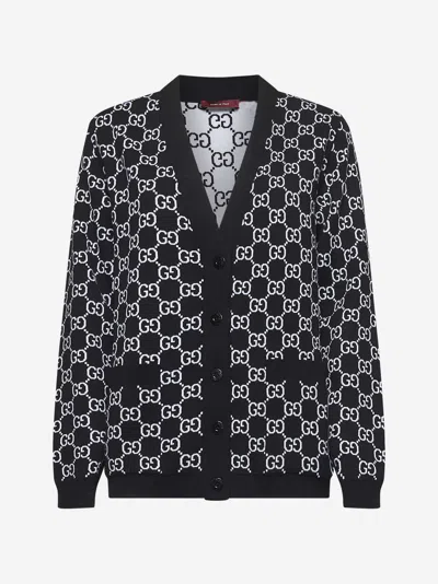 Gucci Black Reversible Cardigan With V Neck In Gg Canvas Woman