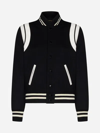 Saint Laurent Teddy Leather-trimmed Recycled Wool-blend Bomber Jacket In Black,ivory