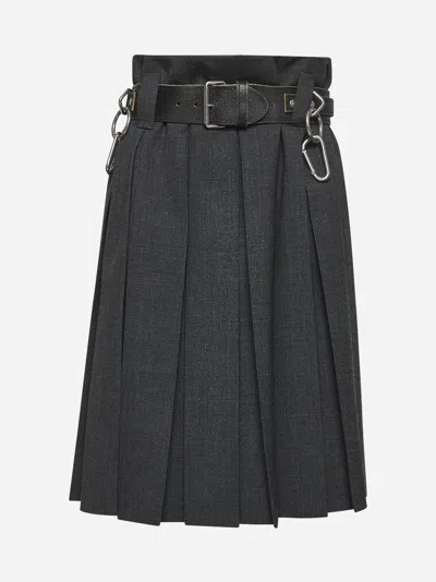 Prada Slate Grey Wool Pleated Skirt With Belt In Gray