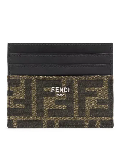 Fendi Men Leather Card Holder With Ff Jacquard Fabric Inserts In Brown