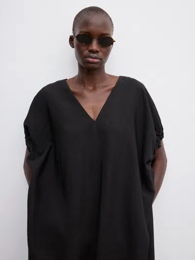 House Of Dagmar Ruched-sleeve Midi Dress In Black