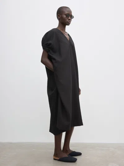 House Of Dagmar Ruched-sleeve Midi Dress In Black