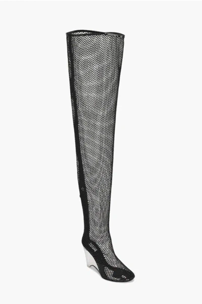 Alaïa Over The Knee Mesh Boots With Plexiglass Wedge Heel 11cm