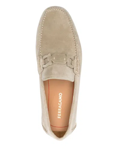 Ferragamo Beige Loafers With Ganicini Plaque On The Front