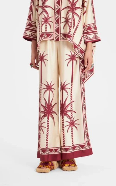 La Doublej Wide-leg Silk Palazzo Pants With Floral Detail In Date Palms Placee Ivory