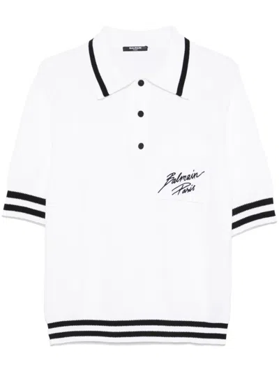 Balmain Logo Signature Embroidered Polo T-shirt In White