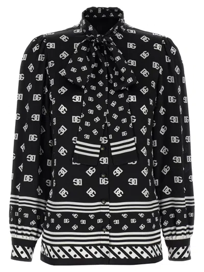 Dolce & Gabbana Silk Shirt With Bow Tie Detail In Blackwhite