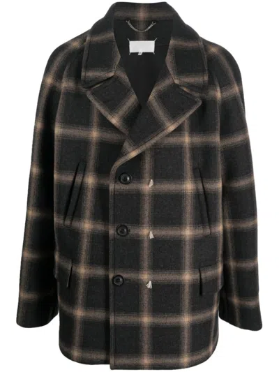 Maison Margiela Distressed Check-pattern Wool Coat With Buttoned Cuffs In Black