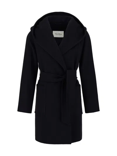 Max Mara Rialto Hooded Wrap Coat In Blue In Black