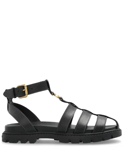 Coach New York Black Leather Fisherman Sandals In Multi