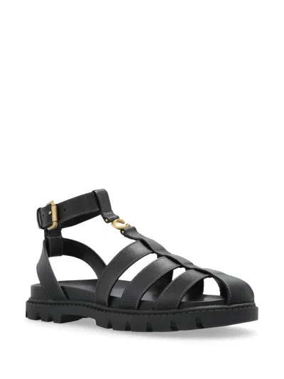 Coach New York Black Leather Fisherman Sandals In Multi