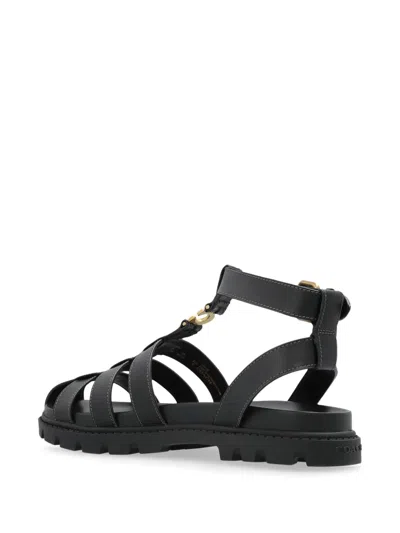 Coach New York Black Leather Fisherman Sandals In Multi