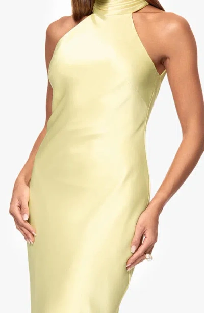 Xscape Evenings Halter Neck Satin Sheath Gown In Lemon