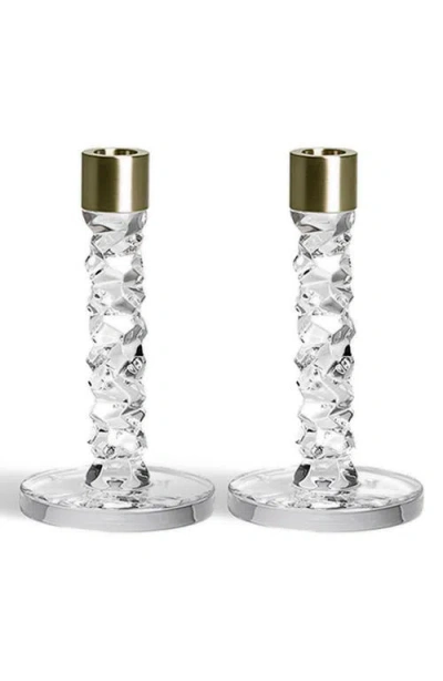 Orrefors Carat Set Of 2 Small Crystal & Brass Candlesticks In Brass