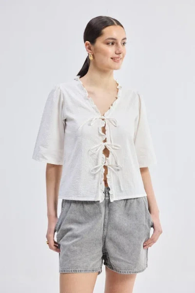 Reistor Relaxed Fit Top With Ruffles And Front-ties In Striped Horizon