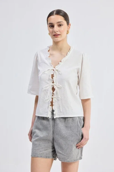 Reistor Relaxed Fit Top With Ruffles And Front-ties In Striped Horizon