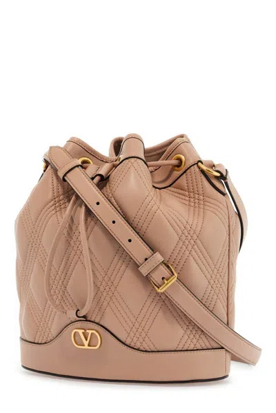 Valentino Garavani Quilted Pink Leather Bucket Crossbody Bag With Golden Details