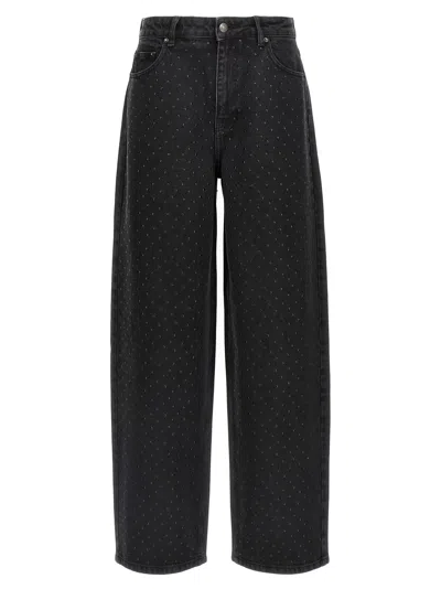 Rotate Birger Christensen Eyelet Pattern Studded Denim Trousers In Black