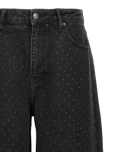 Rotate Birger Christensen Eyelet Pattern Studded Denim Trousers In Black