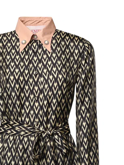 Valentino Este\n\nmidi Twill Dress With All The In Black, Cream