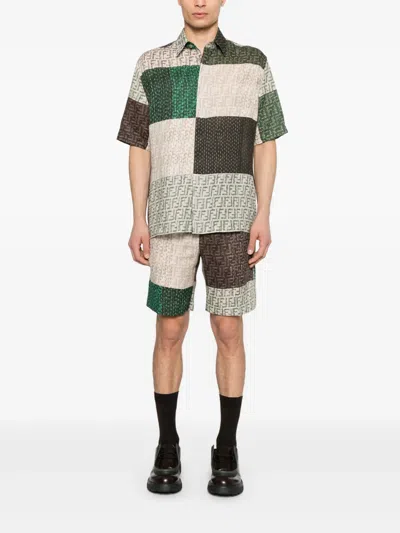 Fendi Men Linen Shirt With All-over Ff Print In Multi