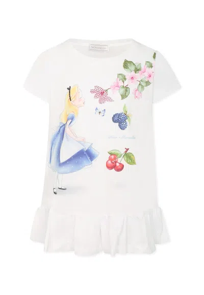 Monnalisa Maxi White T-shirt For Girl With Alice In Wonderland In White