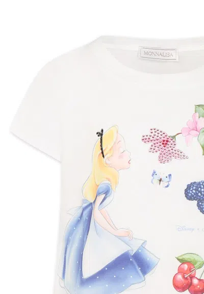 Monnalisa Maxi White T-shirt For Girl With Alice In Wonderland In White