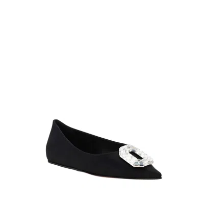Amina Muaddi Leather Camelia Ballet Flats With Jewel Buckle In Black